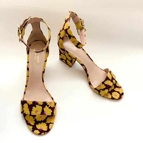 Kate Spade Susane Rich Fudge Sandals Floral Yellow Ankle Strap Block Heel Pumps - Picture 4 of 11